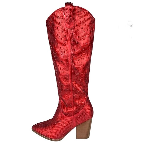 New Women's Red Blingy Rhinestone Western Knee High Cowboy Boots - Picture 3 of 4